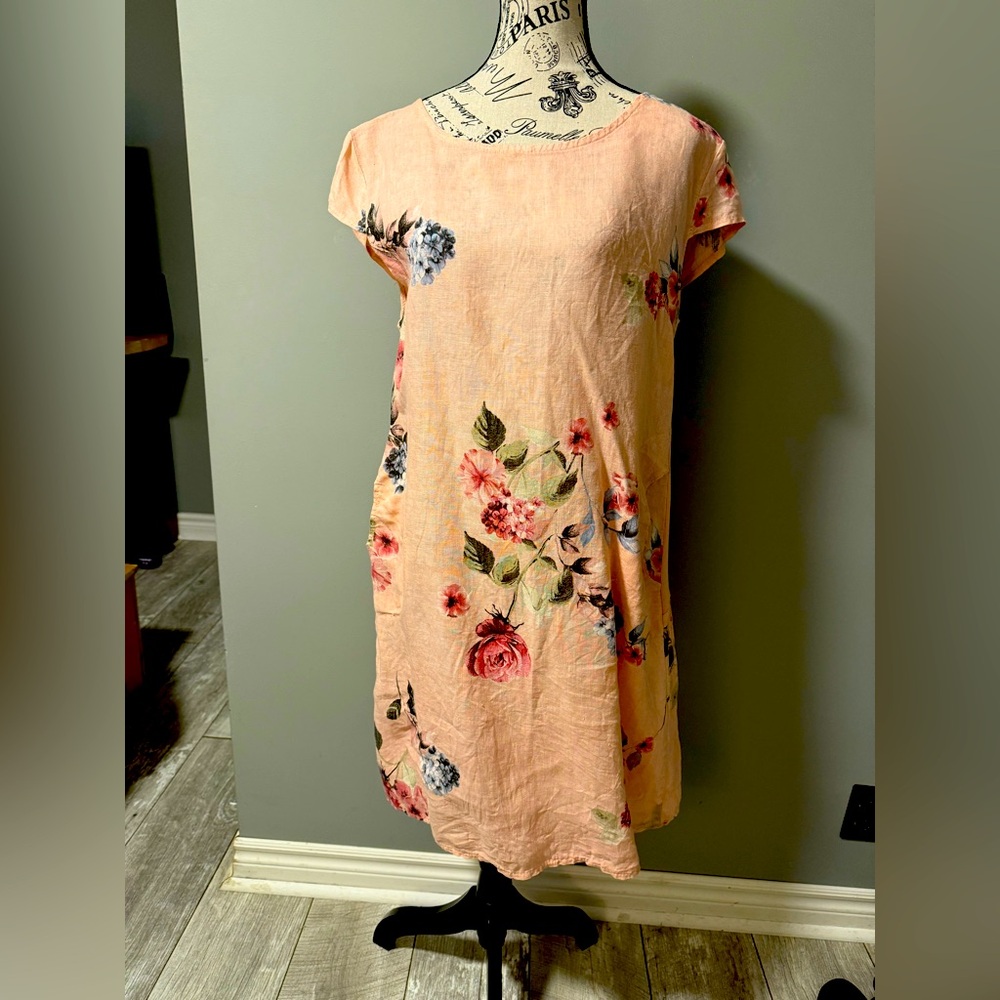 100% pink floral linen summer dress